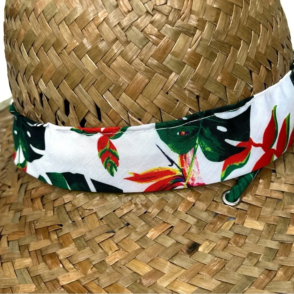 Straw Sun Hat Goldcoast Sunwear Tropical Floral Palm Leaf Band Tan White Green